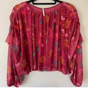 Free People Floral Print Mesh Top Ruched Balloon Sleeve Peasant Top Sz M